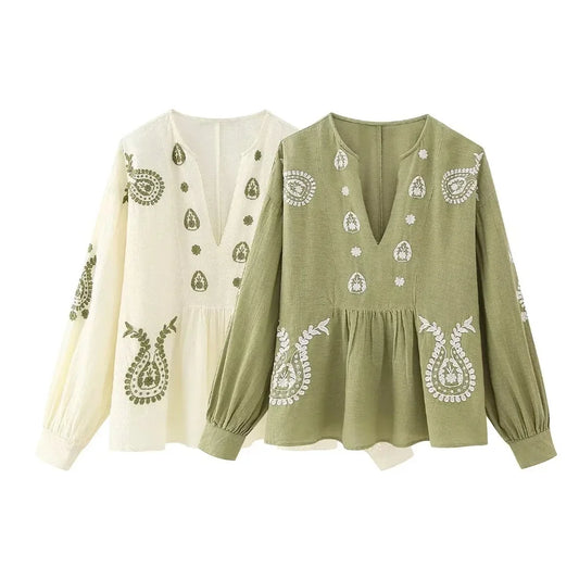 Blouse en Lin Crème Broderie Bohème